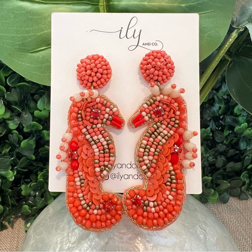 New Coral and Cream Beaded Seahorse Earrings | Lightweight| Statement Earrings